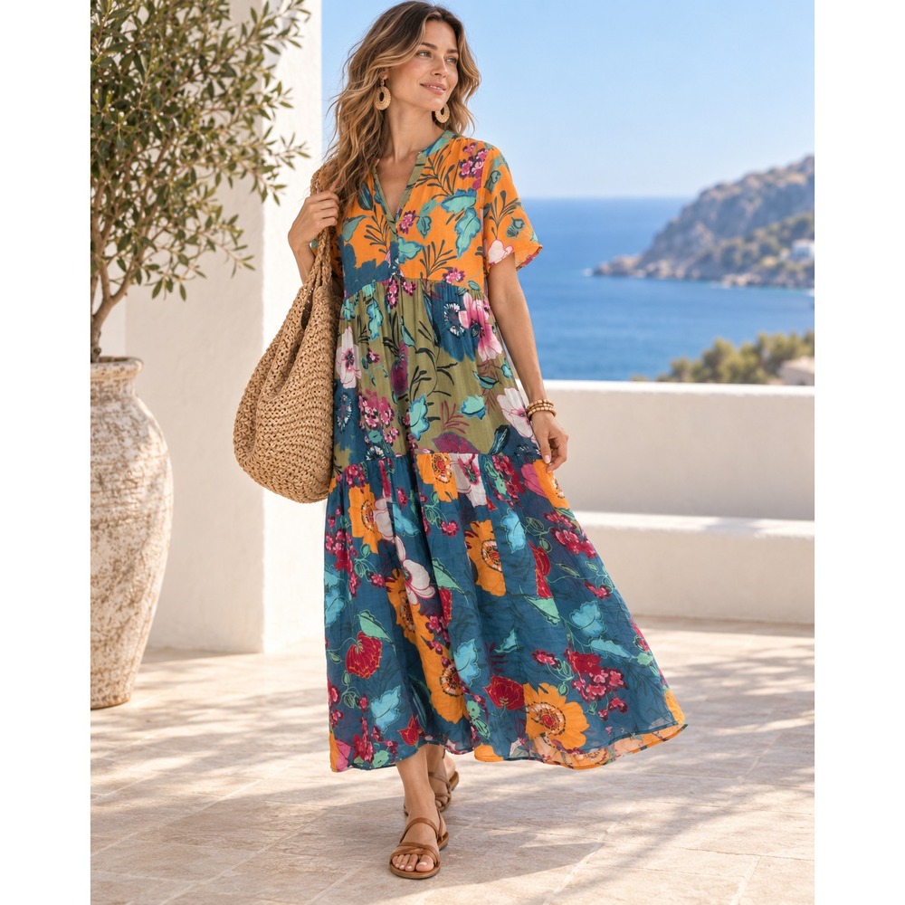 Anthropologie Kallie Flowy Maxi Dress S Multicolor Floral Cotton Boho Vacation